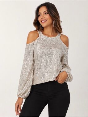 CeCe Silver Sequin Cold-Shoulder Blouse